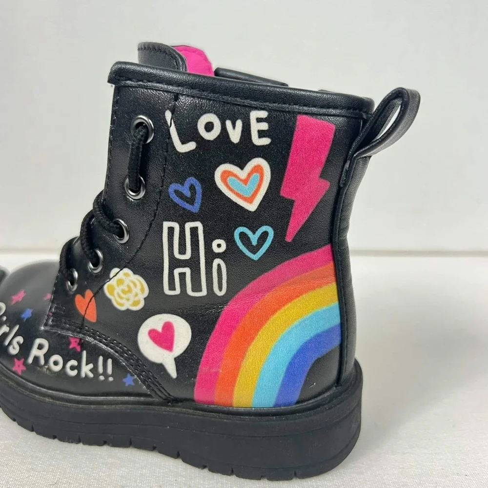 GUC Skechers Black Rainbow Doodle Combat Boots Girls Toddler Size 6